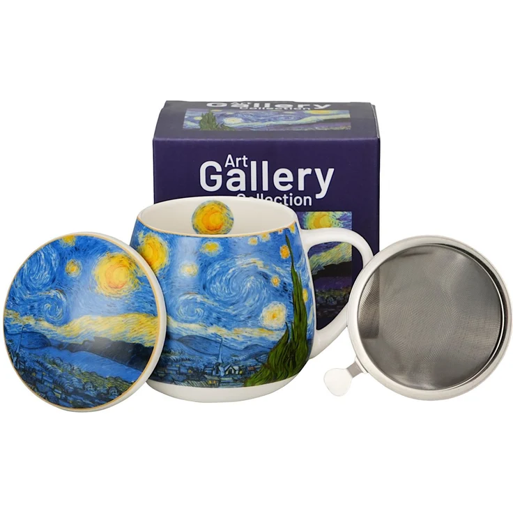 DUO ART GALLERY Fassbecher 430 ml mit Teesieb STARRY NIGHT inspired by Van Gogh, New Bone China Porzellan – Bild 3