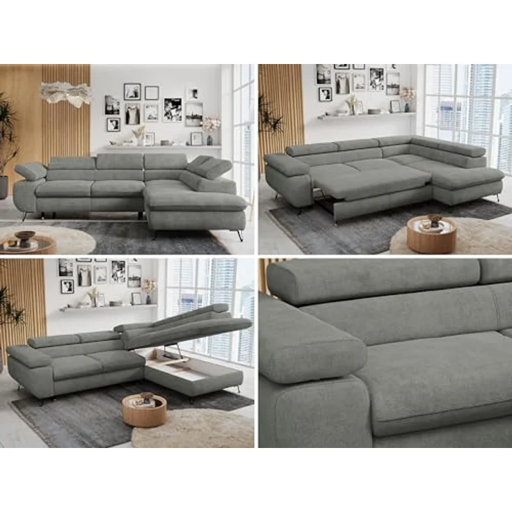 Mks Möbel 'Peter L-form' Ecksofa mit Bettfunktion, Bettkasten & einstellbaren Kopfstützen, Grau, Stoff, rechts – Bild 2