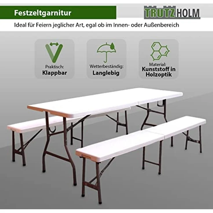 Bierzeltgarnitur 3 teilig weiß Festzeltgarnitur 180x75cm klappbar Gartenmöbelset 2 Bierbänke 1Tisch – Bild 2