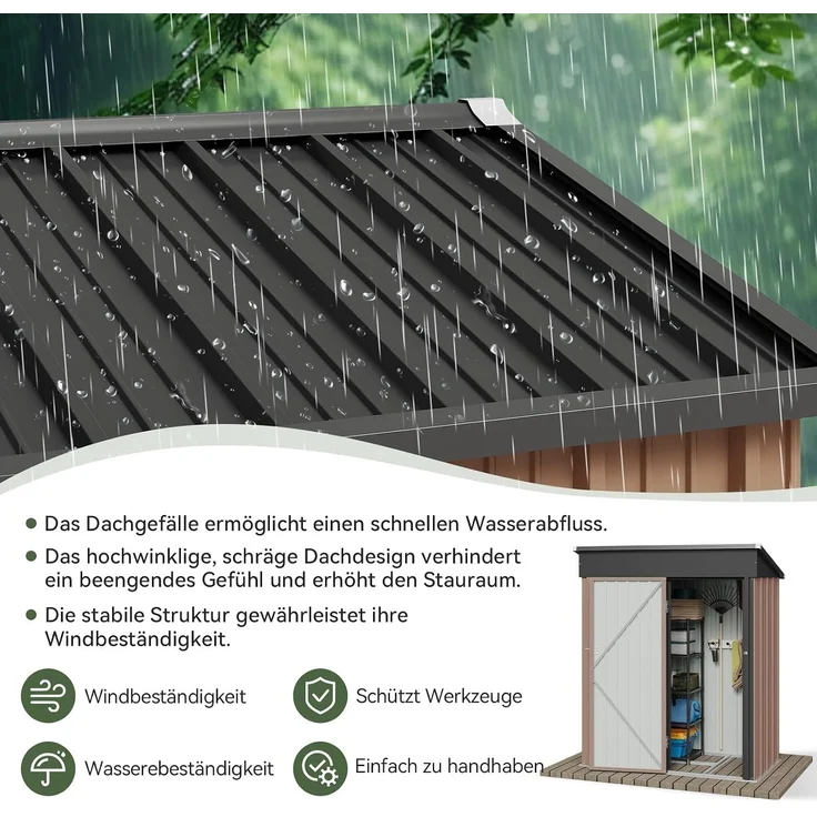 Aoxun Gerätehaus aus Metall, Maße 150x91x185cm, inklusive Bodenrahmen, Pultdach mit Belüftungslöchern, Tür mit Schloss, für Garten und Hof, Braun – Bild 2