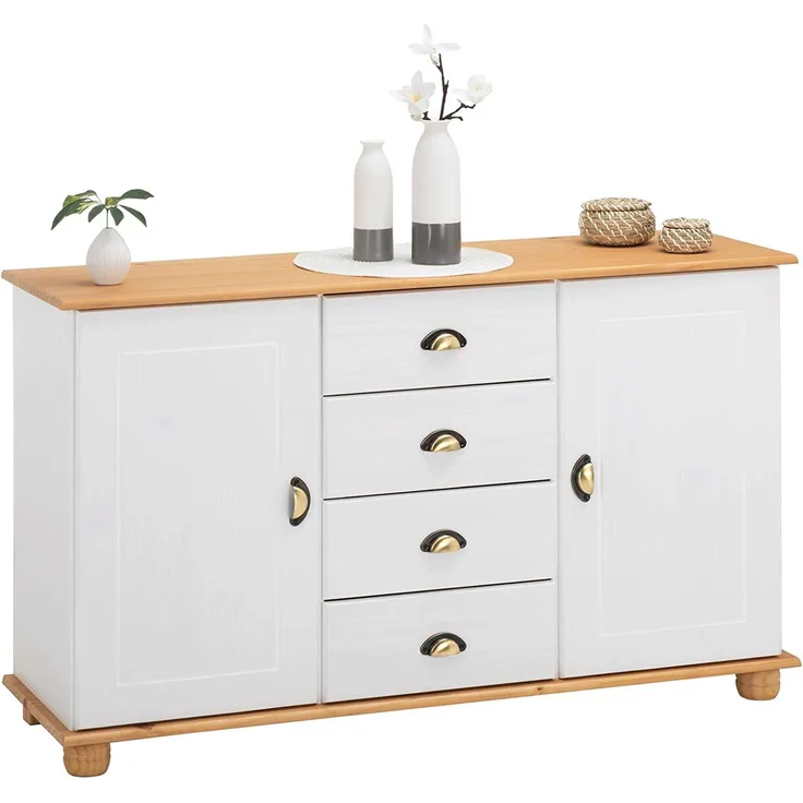 IDIMEX Apothekerkommode Anrichte Colmar, Flur Kommode Sideboard im Landhausstil mit 4 Schubkasten und 2 Türen, Kiefer massiv, weiß/braun lackiert