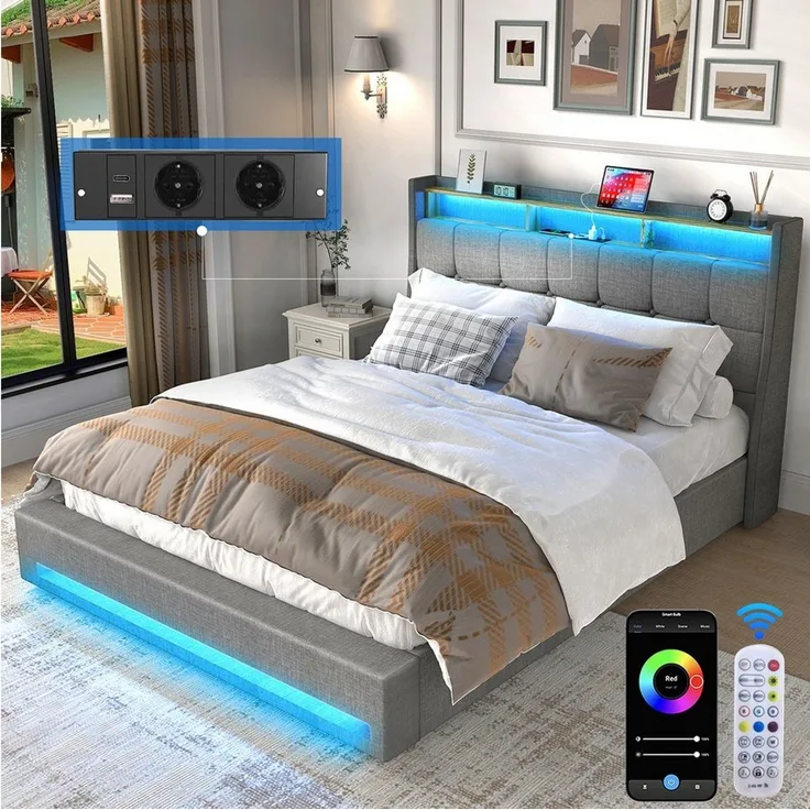 oyajia Polsterbett Doppelbett mit LED Licht 140x200cm,Hydraulisch anhebbarer Stauraumbett (Mit Lattenrost und Ladefunktion, Leinenmaterial Polsterbettt), Modernes Jugendbett, Leises Design Bett, Max. Belastbarkeit 350 kg