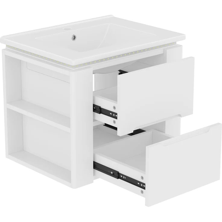 Flieks Waschtisch 61×46×48.5 cm, Wandhängender Badezimmerschrank mit LED, 2 Schubladen, seitliche Ablagen, integriertes Keramikbecken, weiß – Bild 9