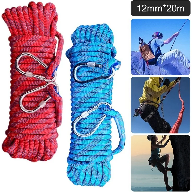 OSTWOLKE Kletterseil Sicherheitsseil 20m Statisches Seil 12mm mit 2 Karabinern Kletterseil, für Wandern Outdoor Bergsteigen Sport Camping – Bild 1
