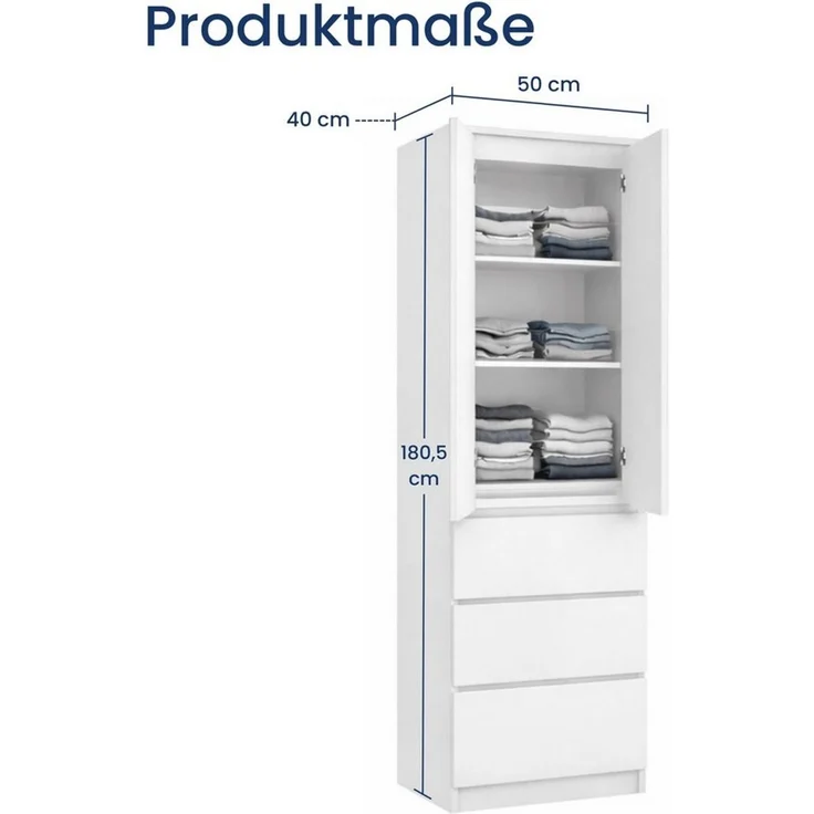 Home Collective Kleiderschrank Garderobenschrank Mehrzweckschrank Schrank platzsparend & vielseitig (50 x 40 x 180,5 cm (BxTxH), ideal für Schlafzimmer Flur & Arbeitszimmer) mit 2 Türig 3 Einlegeböden & 3 Schubladen in weiß – Bild 1