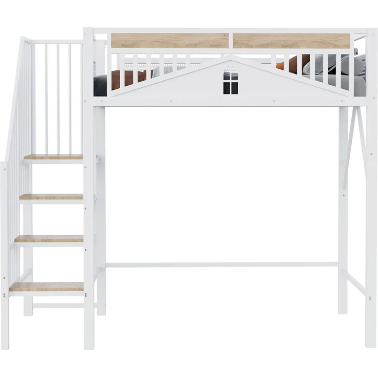 EINHOM Metall-Hochbett 90 x 200 cm, Einzigartige Sicherheitsumrandung mit Fenster, mit Sicherheitsleiter, Genügend Platz unter dem Bett für Freien Stoffbezug, Weiß (Ohne Matratze) – Bild 6