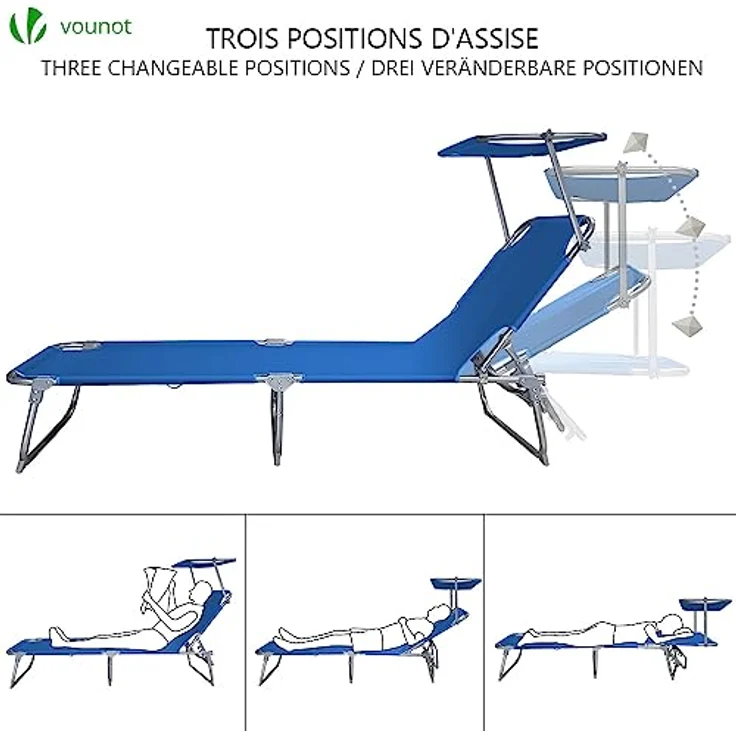 VOUNOT 2er Set Sonnenliege mit Dach, Klappbare Strandliege, Gartenliege Liegestuhl, Sonnendach und Rückenlehne Verstellbar, 190 x 58 x 27 cm, Blau – Bild 4