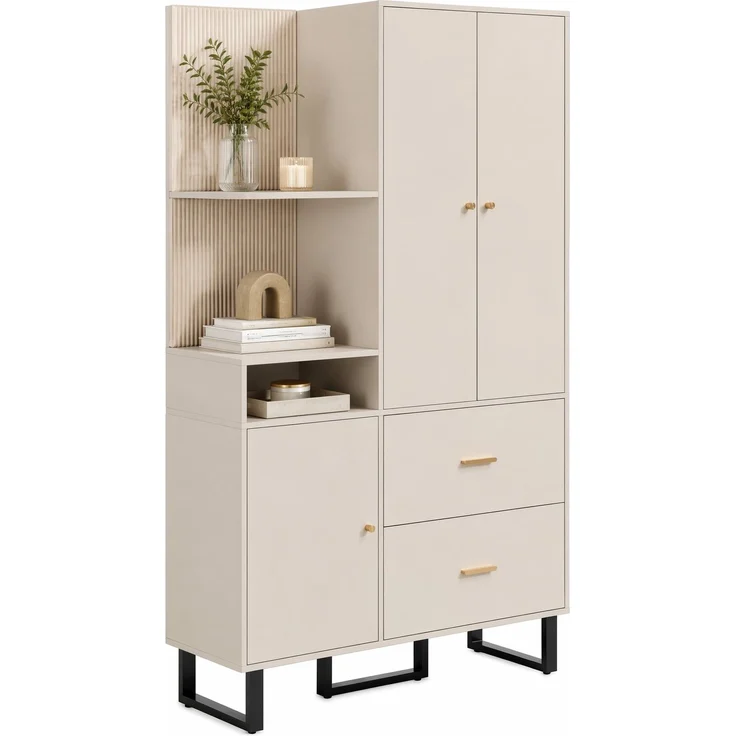 CHICFURN Schrank 110x186x38 cm mit gepolsterten Stoffpaneelen und 2 Schubladen – Beige+Grau – Bild 7