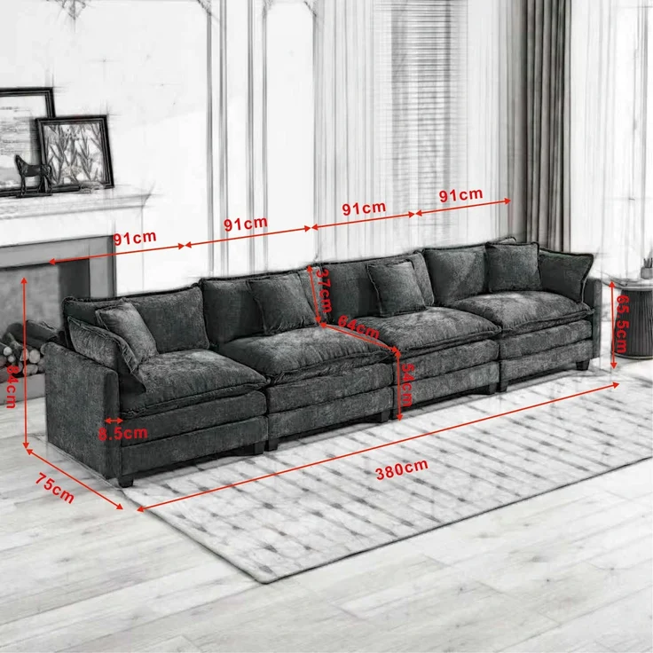 Cloud-Sofa 4 Sitzplätze (ohne Stuhlschläger),moderne Kombinationssofa für Wohnzimmer Schlafzimmer und Wohnung bequeme Doppel-Kissenkissen 80 % atmungsfreier Schneier Stoff,Schneier Stoff,schwarz, – Bild 5