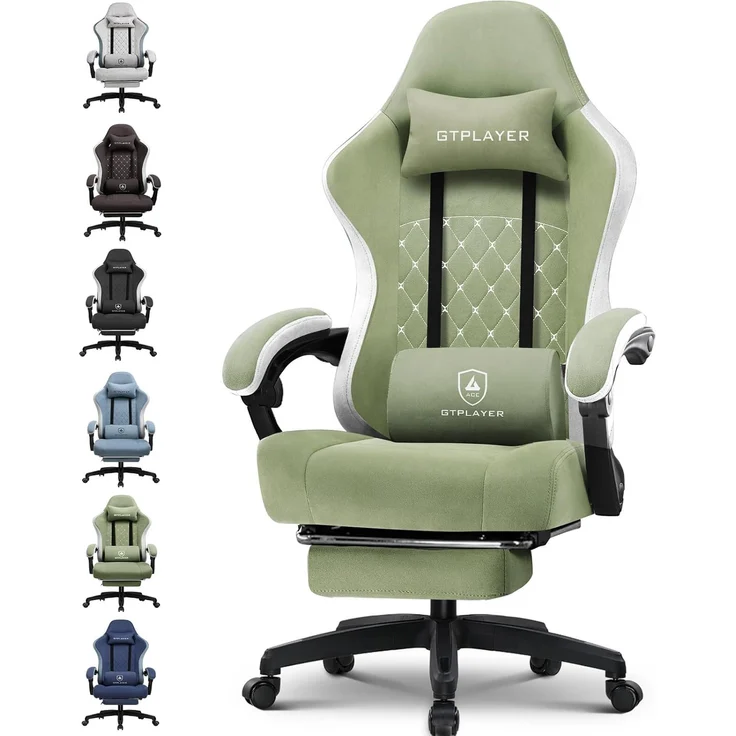 GTPLAYER Gaming Stuhl Ergonomischer Gaming Sessel Schreibtischstuhl mit Stoffoberfläche, Federsitzkissen, Verbindungsarmlehnen und Fußstütze grün – Bild 1