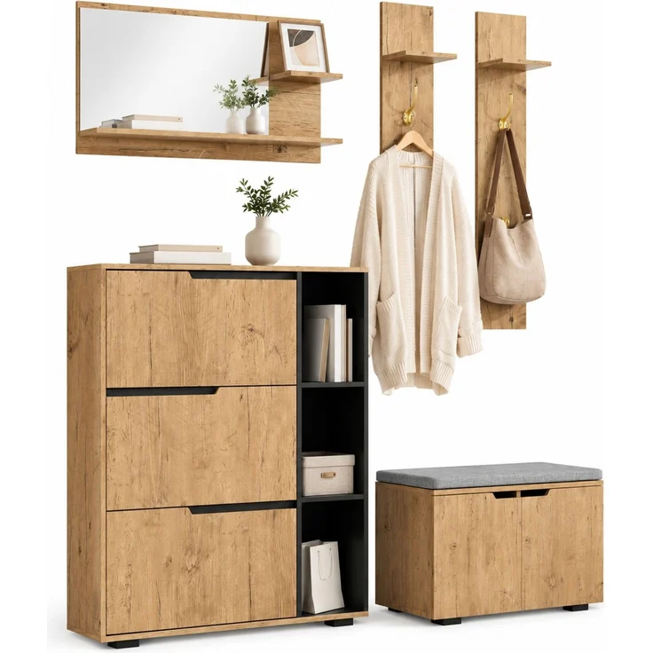 DESVIAE Garderobenschrank-Set Schwarz/Natur aus Spanplatte – 150x161,5x35 cm – Spiegel, Schuhbank, Haken – Bild 7