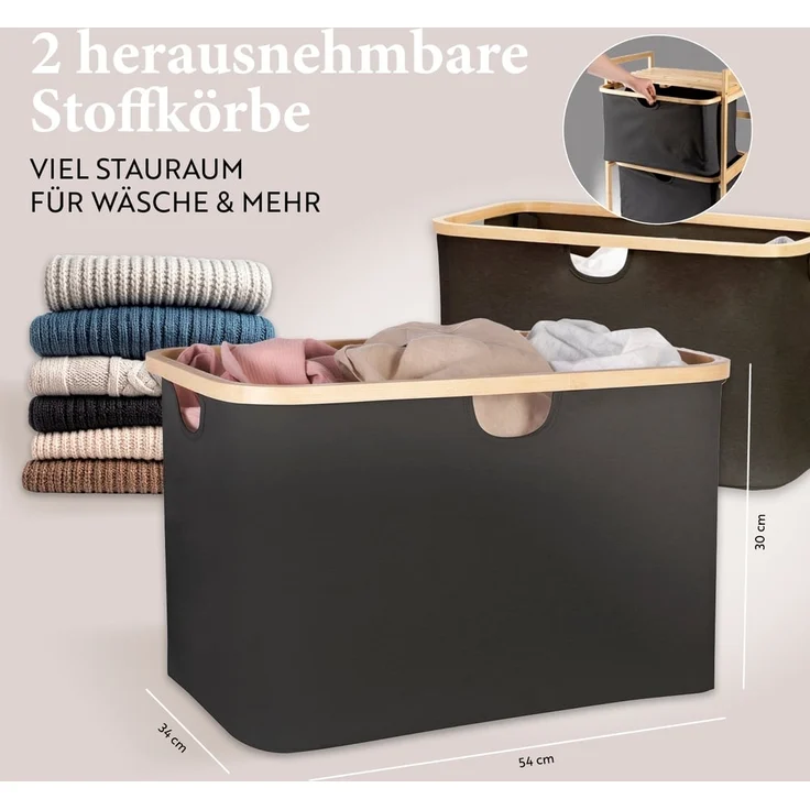 HENNEZ Badezimmerregal 2 Fächer | Bambusregal mit Ablage und 2 Körben | Badregal mit Schubladenboxen | Standregal – ideal als Kommode & Wäschesammler | Wäschesortierer mit Stoff Schubladen | Holzregal – Bild 4