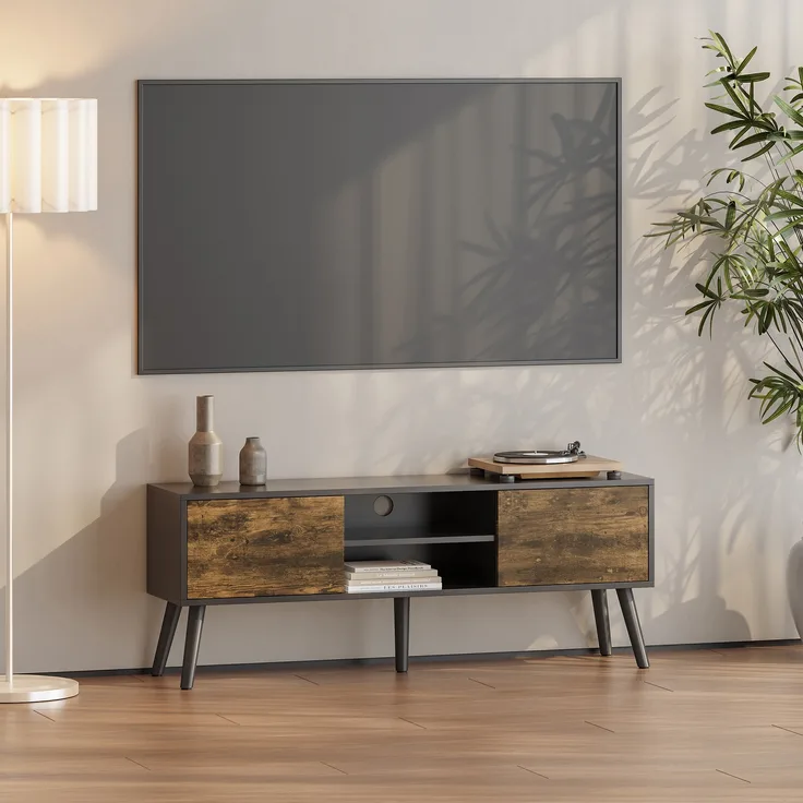 Fernsehtisch Eskilstuna mit 2 Schranktüren und 2 Ablagen Schwarz/Dunkler Holzton [en. casa]