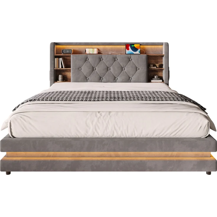 TavilaEcon Boxspringbett Samtbett, Polsterbett mit LED-Beleuchtung & USB-Ladefunktion grau Liegefläche 140 × 200 cm – Bild 9