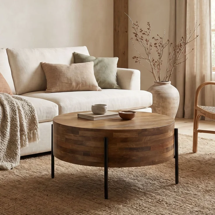 FINEBUY Couchtisch FB117907 Sofatisch Massivholz Rund 70cm Wohnzimmertisch Beistelltisch (Stabiler Sofatisch mit dunklen Metallbeinen), Pflegeleichte Oberfläche aus echtem Mangoholz – Bild 1