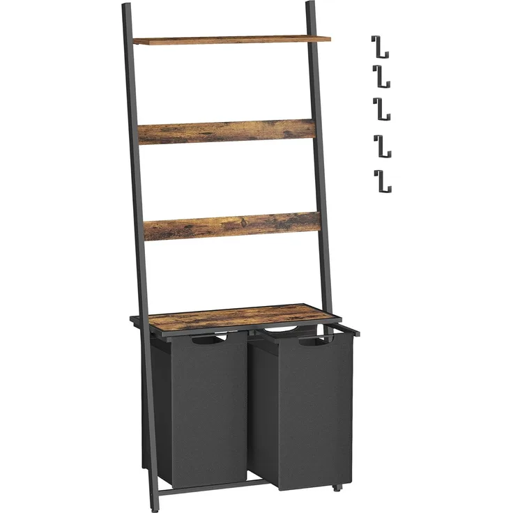 Vasagle Wäschekorb mit Handtuchleiter, Handtuchständer mit Wäschesammler, 73 x 33 x 177 cm, Handtuchhalter, Wäschesortierer 2 Fächer, Leiterregal, Badezimmermöbel, vintagebraun-schwarz von Songmics