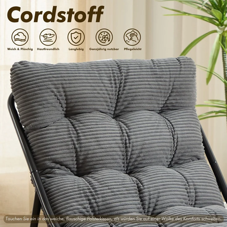 LVHOM Sessel mit Hocker, Gepolsterter Loungesessel aus Cord mit Metallgestell, ergonomischer Relaxsessel für Wohnzimmer und Schlafzimmer, Grau – Bild 4