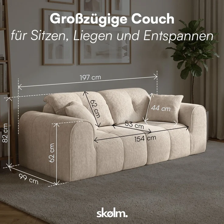 skølm 'Vanaheim' Sofa 2 Sitzer mit 2 Kissen, Cloud Sofa beige, Chenille-Stoff, Vollschaumcouch mit Federkern und Vakuum-Kompression, kein Aufbau erforderlich – Bild 8