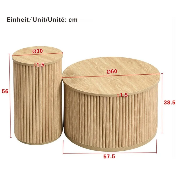 BlingBin Couchtisch Beistelltisch Wohnzimmertisch (1-St, Doppelter runder Tisch), 60 x 60 x 38,5 cm + 30 x 30 x 56 cm, Natur – Bild 2