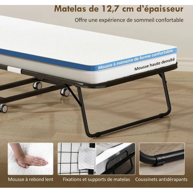 Klappbett für 1 Person, 200 x 80 cm, mit Matratze, zusammenklappbares und transportables Zusatzbett auf Rollen, Stahlrahmen, weiß – Bild 7