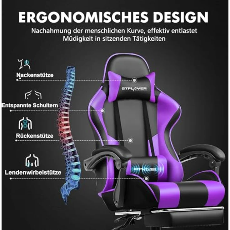 GTPLAYER Gaming Stuhl, Bürostuhl, Ergonomischer Pc Stuhl, Gaming Sessel mit Massagelendenwirbelstütze, Task Stühle mit Fußstütze und Kopfstütze, Lila Kunstleder – Bild 8