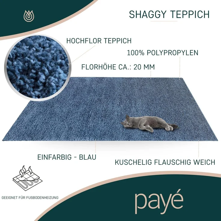 Teppich Wohnzimmer Hochflor Shaggy - 150x150cm - Blau Einfarbig Uni Flauschig Modern Boho Deko Teppiche Weich Schlafzimmer – Bild 4