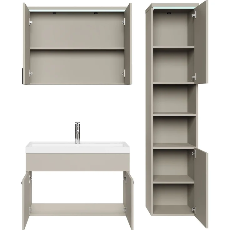 Badplaats Badmöbel Komplettset Paso LED 80x40 cm Cashmere - Badezimmermöbel mit Waschbecken, Spiegelschrank und Badezimmerschrank – Bild 4