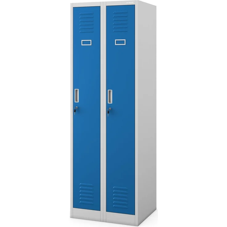 Jan Nowak Spind Schrank, Kleiderschrank, Metallschrank, Schließfachschrank | 2 Abteile mit Kleiderstange, Lüftungsschlitze, Trennwände, 4 Kleiderhaken pro Abteil | 180 x 60 x 50 cm, Grau-Blau