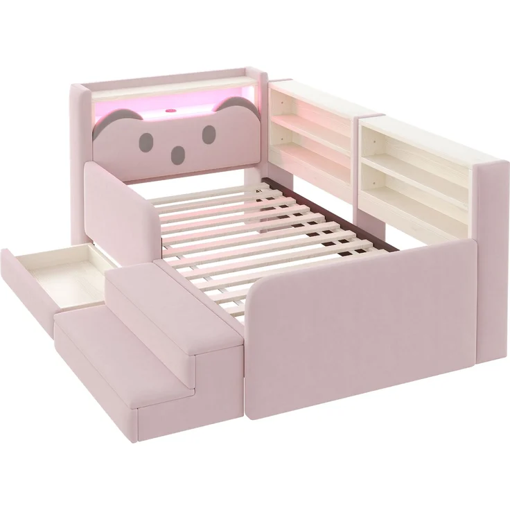 ZUBALIYA Polsterbett, mit Schubladen, mit Stauraum, mit LED-Beleuchtung, mit USB-Anschluss, inklusive Lattenrost, Liegefläche 90 × 200 cm, H 85 × T 218 × B 108.5 cm, Rosa, Samt – Bild 12