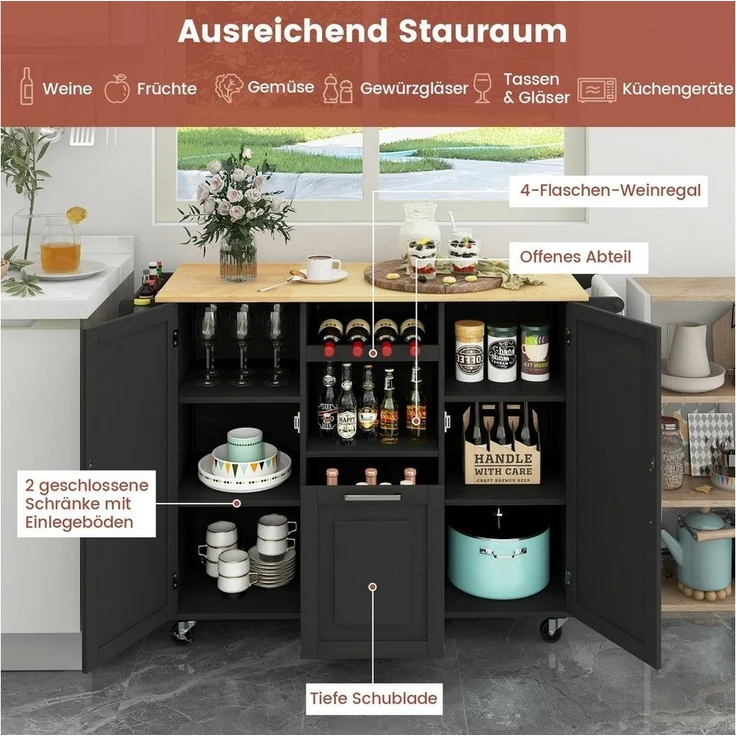 COSTWAY Küchenwagen, mit Weinflaschenregal, bis 175kg, 130 x 74 x 90 cm – Bild 3