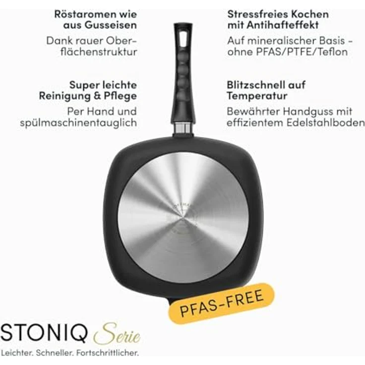 Hoffmann Germany STONIQ Viereckpfanne 28×28 cm, PFAS-frei mit Glasdeckel, Induktion, abnehmbarer Griff, backofenfest bis 300°C, 2,4 l – Bild 9