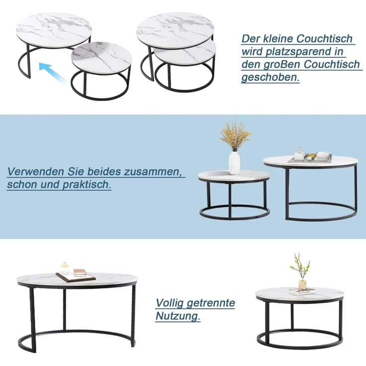 Couchtisch Runder Satztisch Wohnzimmertisch, Sofatisch 2 -St. Großer Tisch:80x80 cm, Kleiner Tisch: 60x60 cm , geschachtelter Beistelltisch – Bild 8
