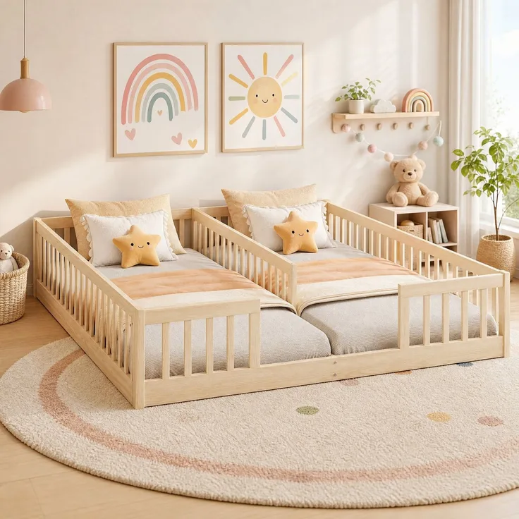 Kinderbettanlage 2x 90x200 cm, mit Schutzgittern und Lattenrosten, Ohne Matratze