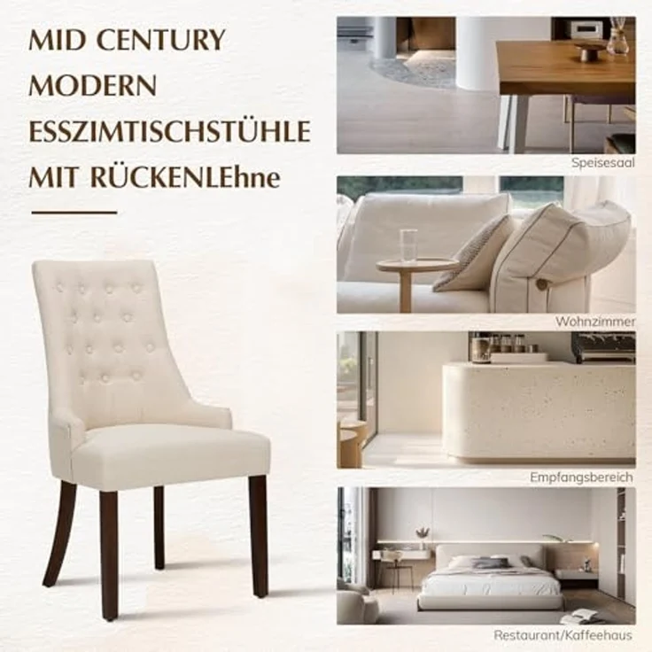 COLAMY Esszimmerstühle 2er Set, Moderne Küchenstuhl Gepolsterte Esszimmerstühle im Wingback, Polsterstuhl Wohnzimmerstuhl mit Knopfsteppung für Esszimmer, Küche, Restaurant mit Holzbeinen, Beige – Bild 4