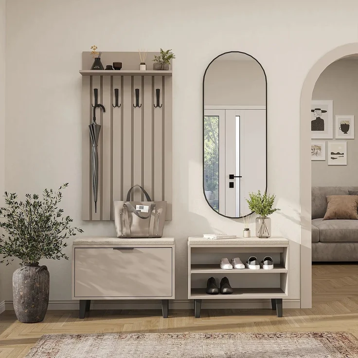 Roomart NORD Garderobenset 4-teilig – Sitzbank offen & mit Schuhklappe, Garderobenpaneel 130 cm & ovaler Spiegel – Flurgarderobe – H 53 x B 73.6 x T 35 cm (Sitzbank) • Beige – Bild 4