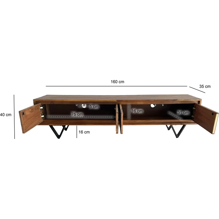 FineBuy Lowboard Sheesham Massivholz 160 cm, TV Board mit Front in Steinoptik & schwarzem Metallgestell, Fernsehschrank Industrial Design, TV Möbel Wohnzimmer Holz Metall – Bild 3