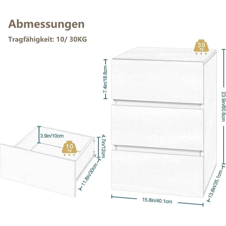 EUGAD Nachttisch (1-St), mit 3 Schubladen in Hochglanz,40x35x62cm – Bild 2