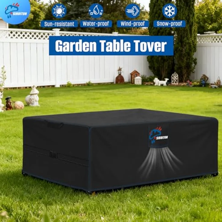 SIRUITON 120 x 120 x 74 cm Gartenmöbel Abdeckung mit Belüftungsöffnungen , Wasserdicht, Winddicht, UV-Beständiges, Schwerlast 420D Oxford Gewebe Schutzhülle für Gartentisch Sitzgruppe, Rechteckig -Schwarz – Bild 8