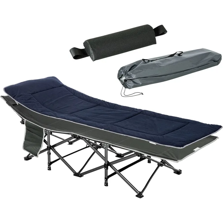 Campingbett, klappbares Feldbett mit Kopfkissen, 188 x 64,5 x 53 cm, Dunkelblau+Grau--Dunkelblau+Grau--53x64.5x188cm--YOUDENOVA