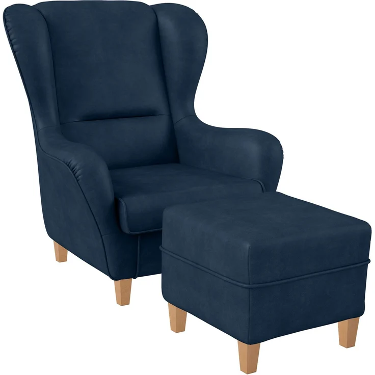 Supellex Sofia Ohrensessel mit Hocker | Design Kunstleder Milano Blau – Bild 1