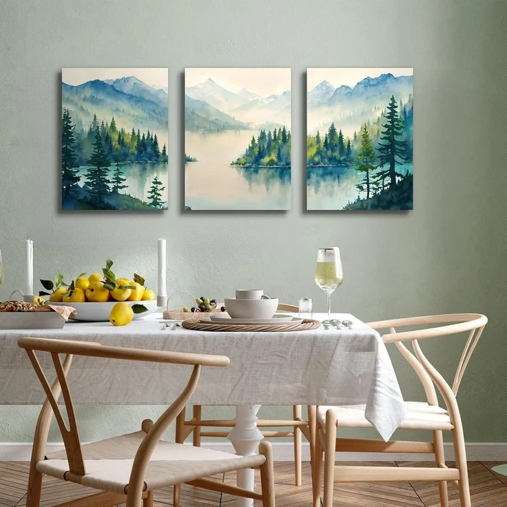 Aquarell Blaugrün Wald Leinwand Bilder Set 30x40cm x 3 – Bild 2