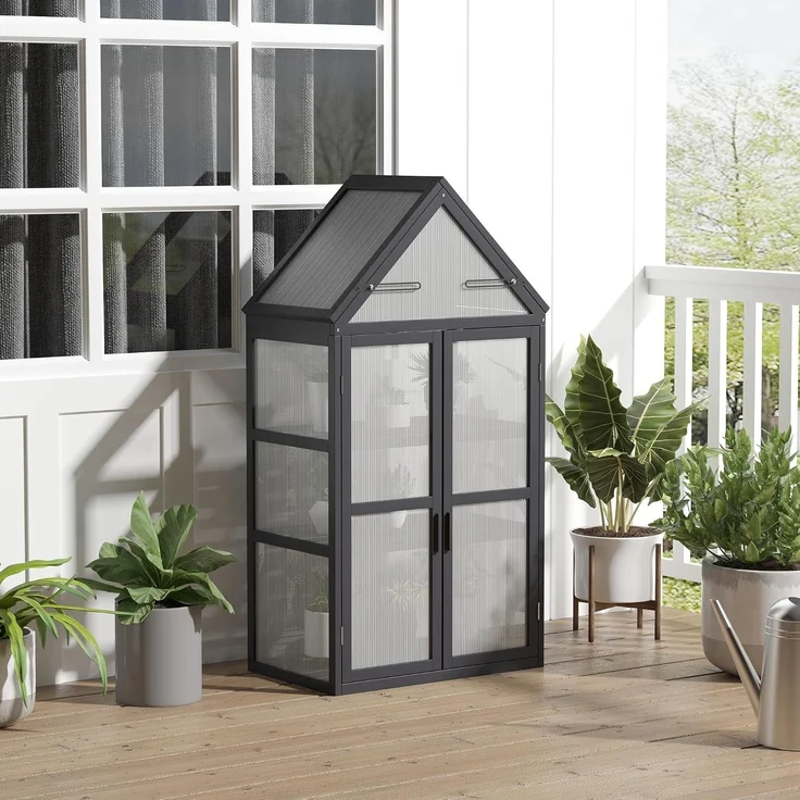 Outsunny Gewächshaus, Tannenholz, Polycarbonat, Grau, 70,5L x 42B x 132H cm – Bild 2