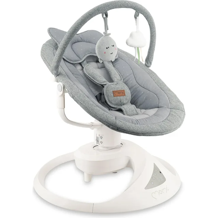 MoMi Babywippe PEARL für Babys bis 9 kg, 360° drehbarer Sitz, LED-Panel, Bluetooth, Fernbedienung, Batterie- oder Netzbetrieb, Netzteil mit USB-Kabel, 5-Punkt-Sicherheitsgurt, Bügel und Spielzeug