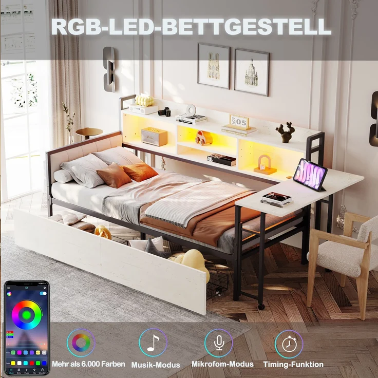 Bett 90x200 cm mit Stauraum und LED-Beleuchtung – Einzelbett aus Metall mit ausziehbarem Schreibtisch – Bild 5