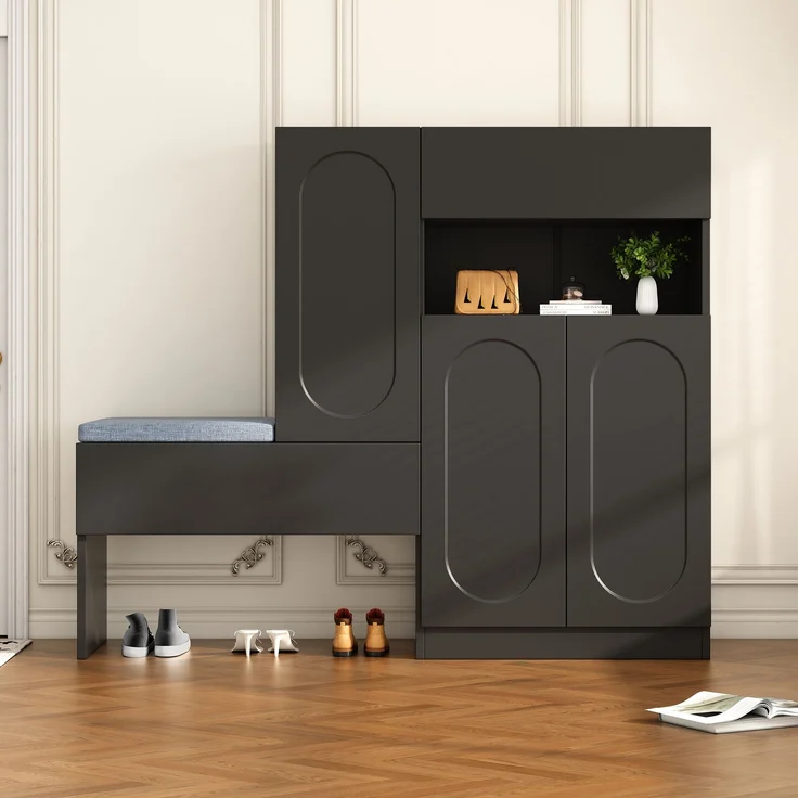 Moderner 2-in-1 Schuhschrank mit Sitzbank Schwarz höhenverstellbare Böden Schuhorganizer für Flur Aufbewahrungsbank mit Sanftschließmechanismus Kippsicherung 130 cm Breite Schuhregal mit Sitzauflage, 130cmx35cmx110cm – Bild 4