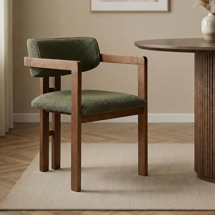 Moderner grüner Stuhl mit Holzbeinen in Walnuss, 54 x 76 x 54 cm | 100% Buchenholzrahmen, leicht zu reinigendes Polyester-Chenille-Gewebe | bequemer 5 cm Schaumstoffsitz, perfekt für Zuhause & Büro – Bild 2