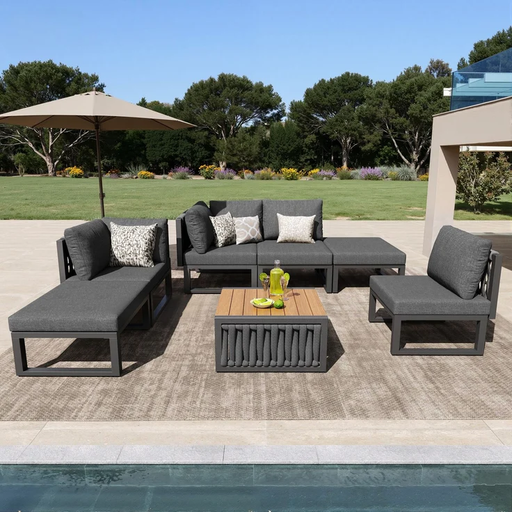 Merax Gartenlounge-Set, 6-Sitzer Gartenmöbel Set, Garten Loungesessel für 6 Personen, Doppelliege für den Außenbereich, Verstellbarer Rückenlehnenwinkel, Grau – Bild 1