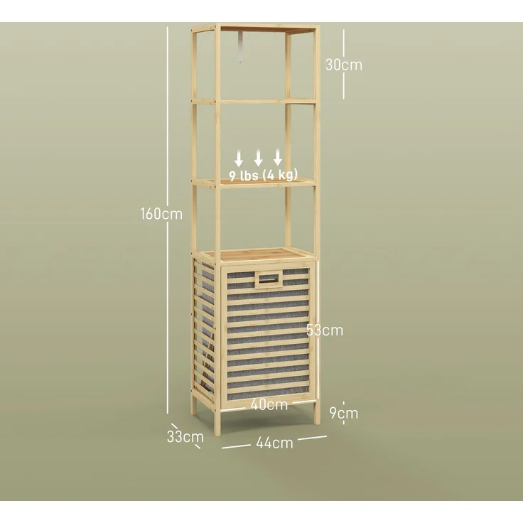 Badregal 44 x 33 x 160 cm aus Bambus mit 3 Ablagen und kippbarem Wäschekorb – Bild 5