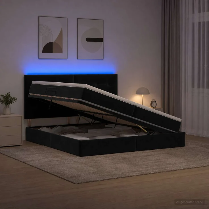 vidaXL LED-Speicherbett mit Matratze Schwarz 200 x 200 cm Samt 3460154 – Bild 1
