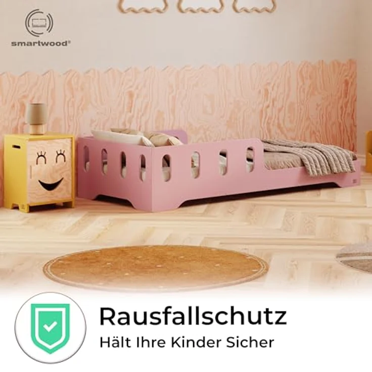 smartwood Kinderbett 70x160 cm in Rosa - Montessori Bodenbett mit Rausfallschutz & Lattenrost - Aus handbemaltem Sperrholz - Sicher für Jungen und Mädchen - Einfache Montage - TILA 6 – Bild 7